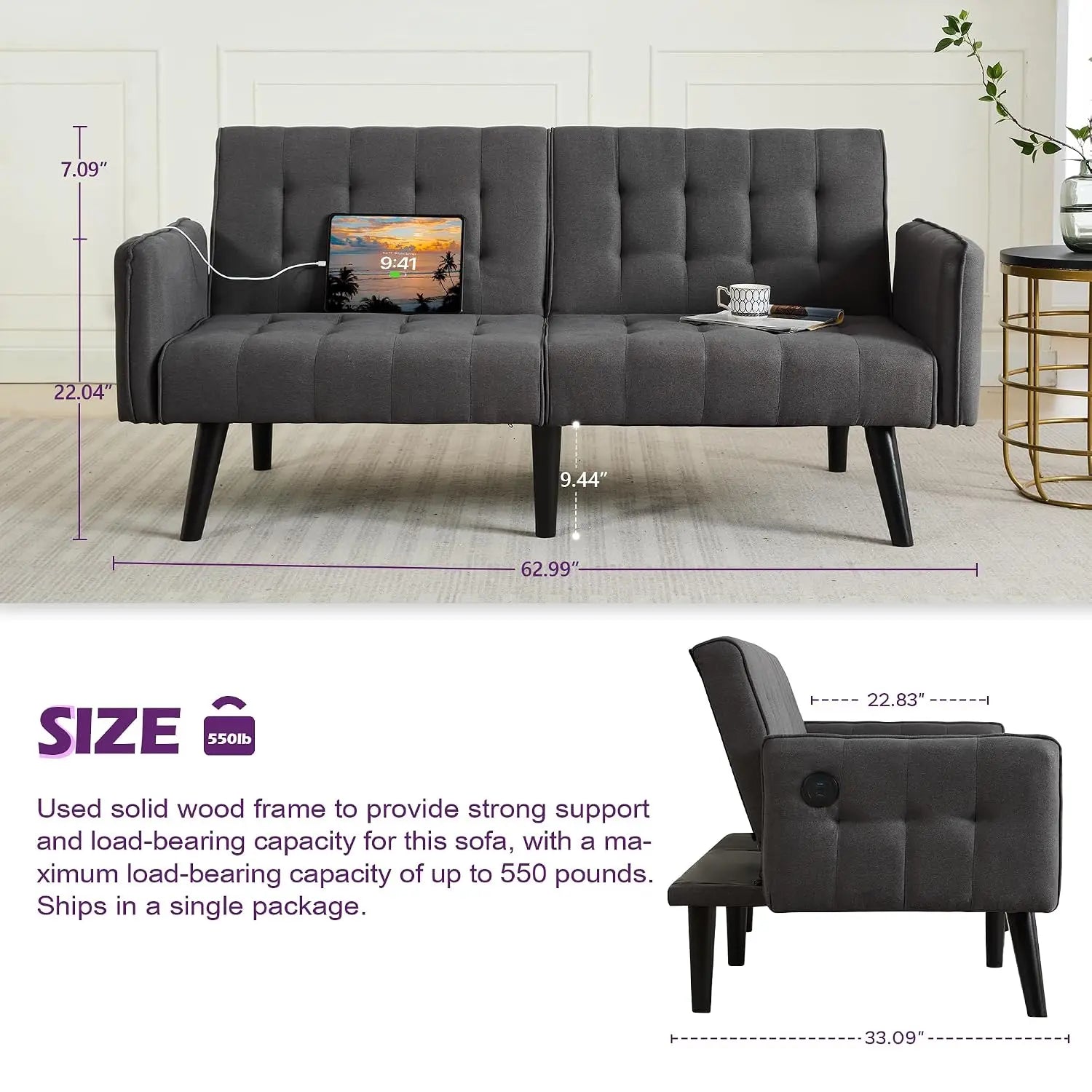 65“ Convertible Futon Sofa Bed w/ 2 USB, Upholstered Tufted Small Adjustable Folding Couch Loveseat, Modern Mid Century, Custom