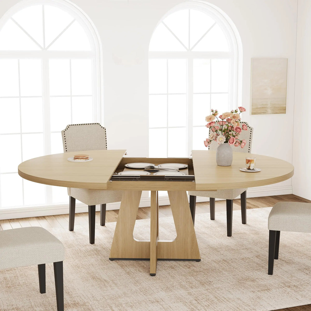 47-63 Inch Extendable Round Dining Table For 4-8, Farmhouse Oval Kitchen Table With Leaf Storage Caddy and Wood Cross Pedestal Base