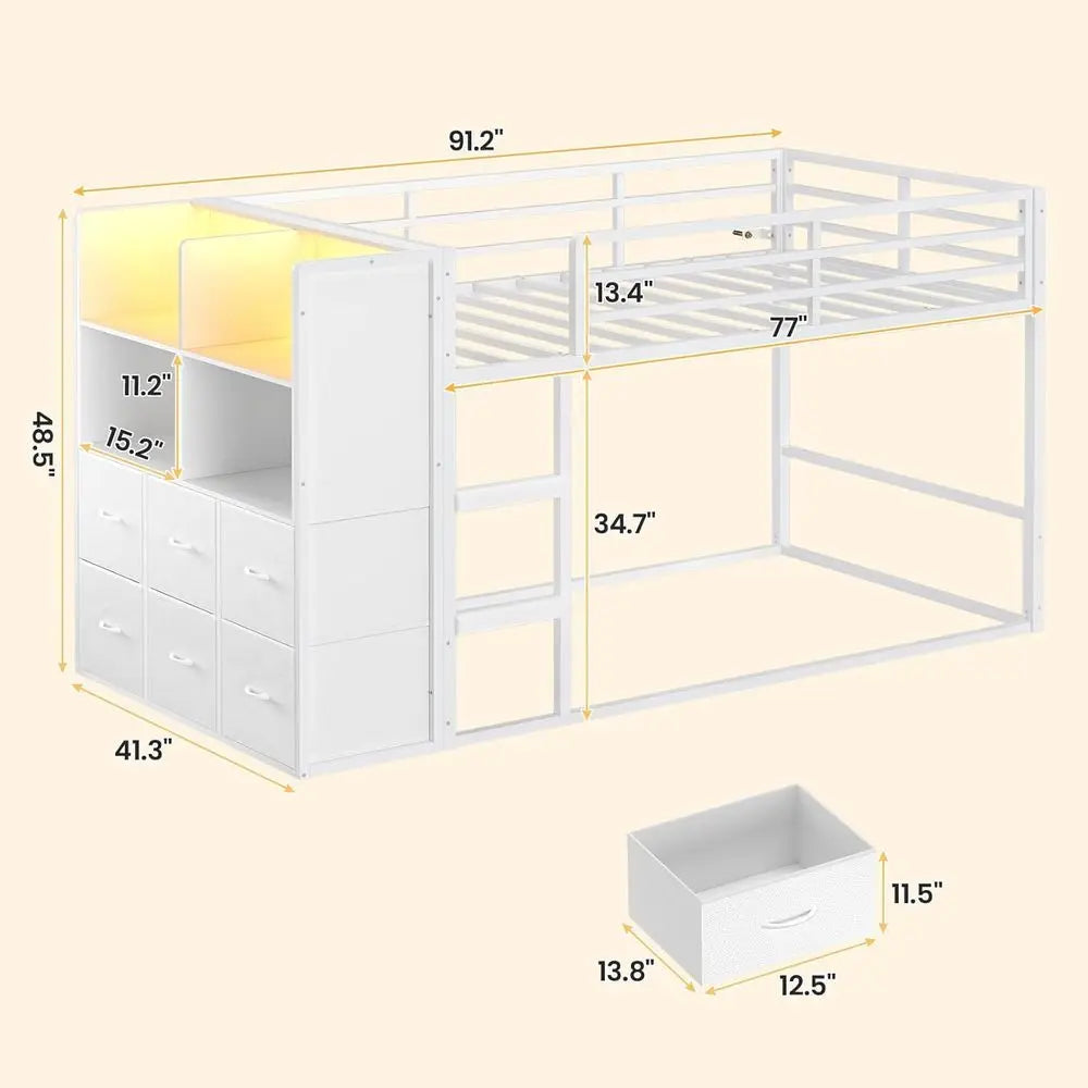 BTHST Bunk Bed Twin Over Twin with 6 Large abric Ders & 4 Wooden Storage Bookshel Organizer, Metal Low Bunk Bed or Kids with LED