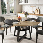 Farmhouse Round Dining Table with Open Storage Shelf & Reinforced Metal Cross Base