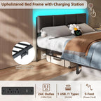 Queen Bed Frame with PU Upholstered Headboard and Charging Station | Metal Platform Bed with 2 Fabric Underbed Storage Drawers a
