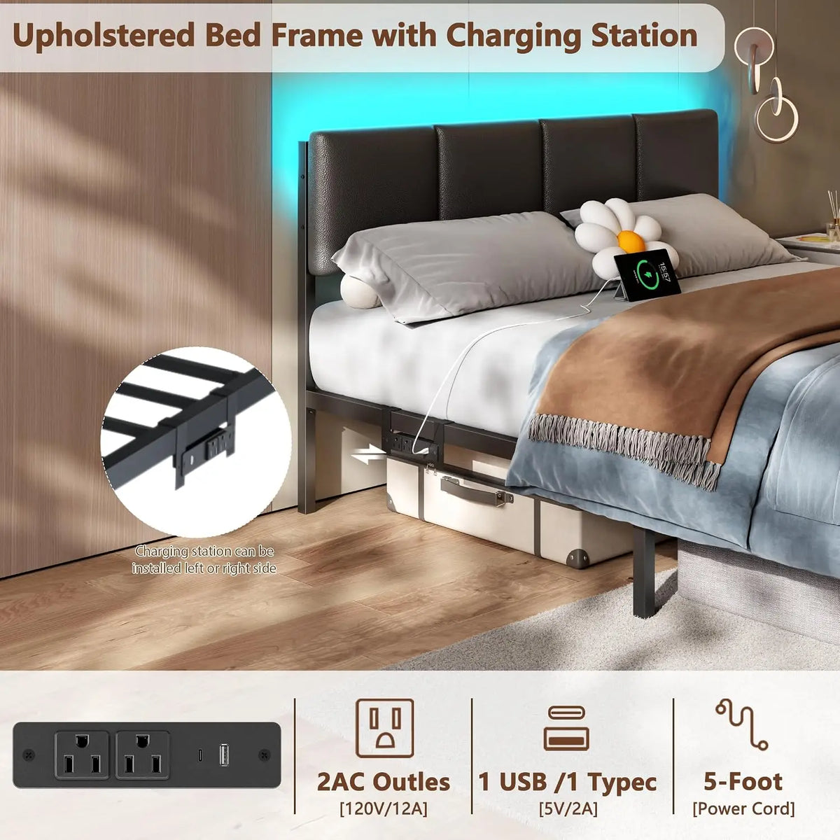 Queen Bed Frame with PU Upholstered Headboard and Charging Station | Metal Platform Bed with 2 Fabric Underbed Storage Drawers a