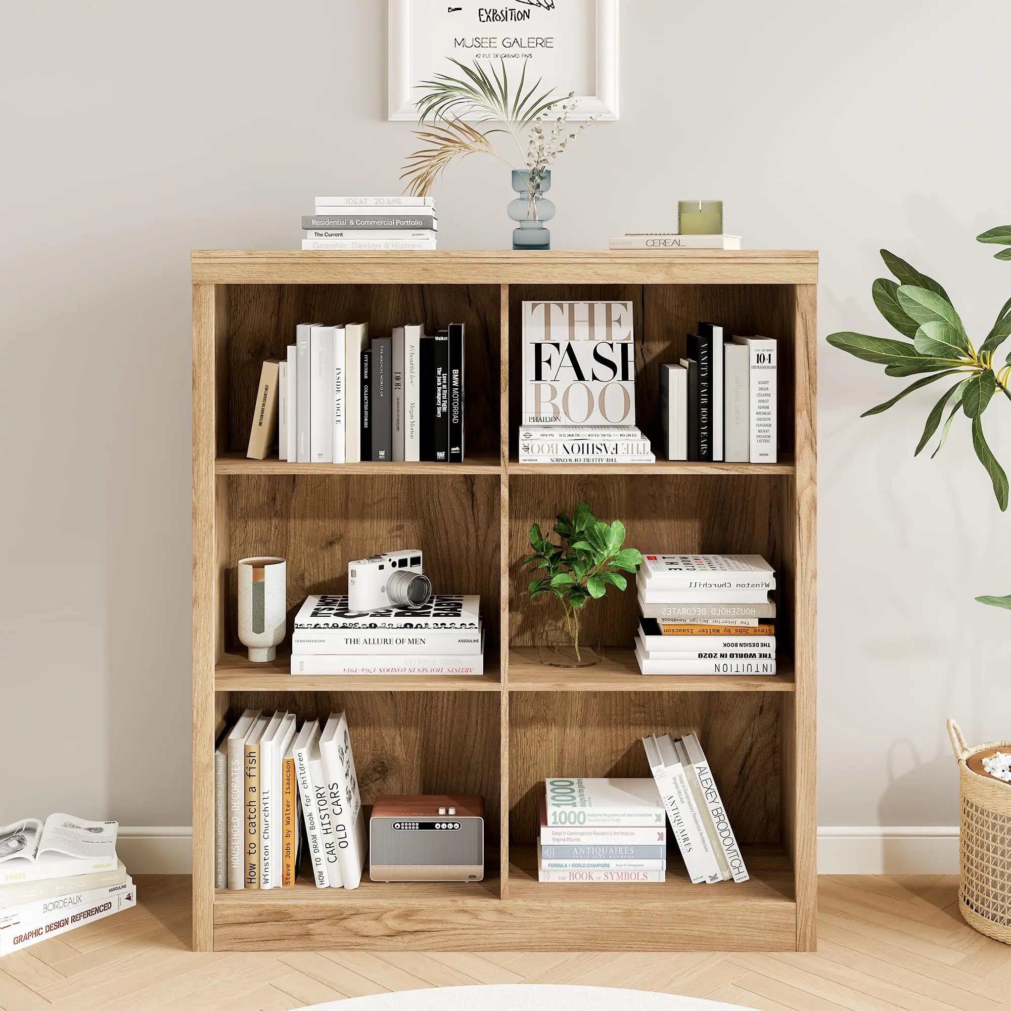 Heritage Farmhouse Bookshelf with Wicker Storage Baskets