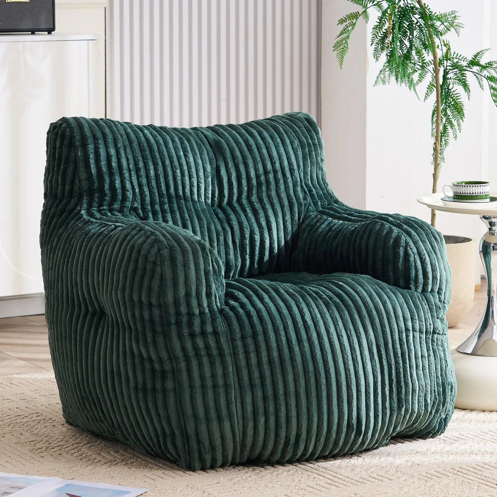 Soft and fluffy corduroy memory foam beanbag chair; comfortable velvet single-seater sofa for adults—ideal for home relaxation and gaming.