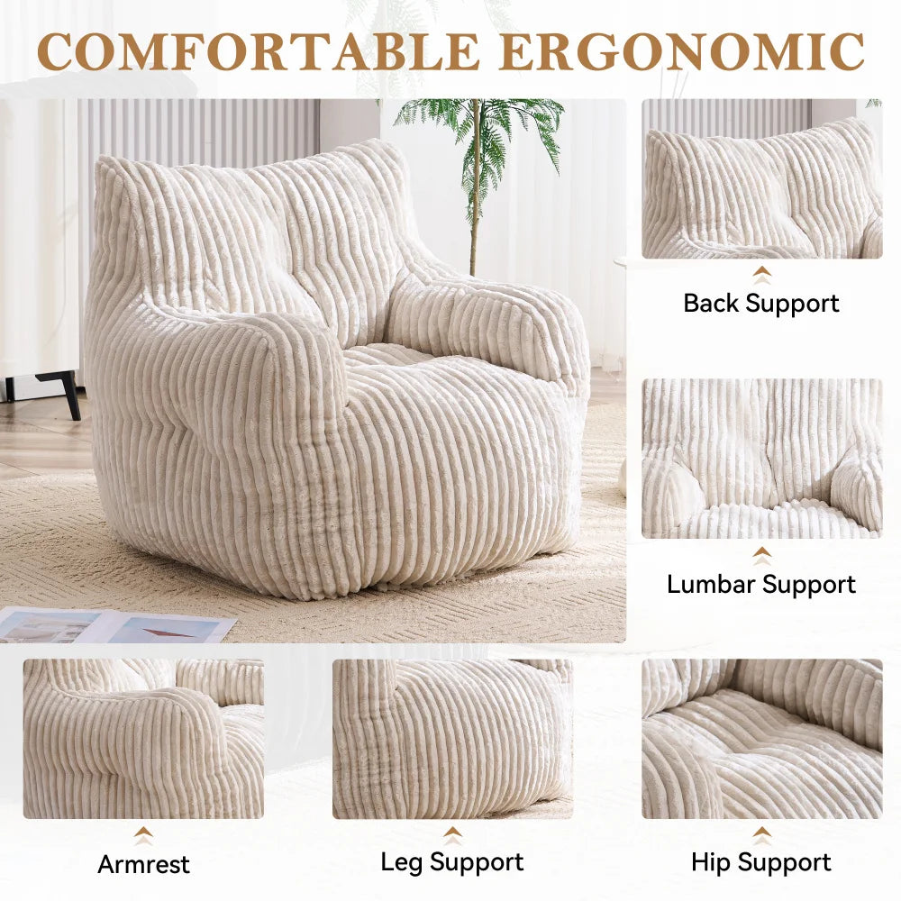 Soft and fluffy corduroy memory foam beanbag chair; comfortable velvet single-seater sofa for adults—ideal for home relaxation and gaming.