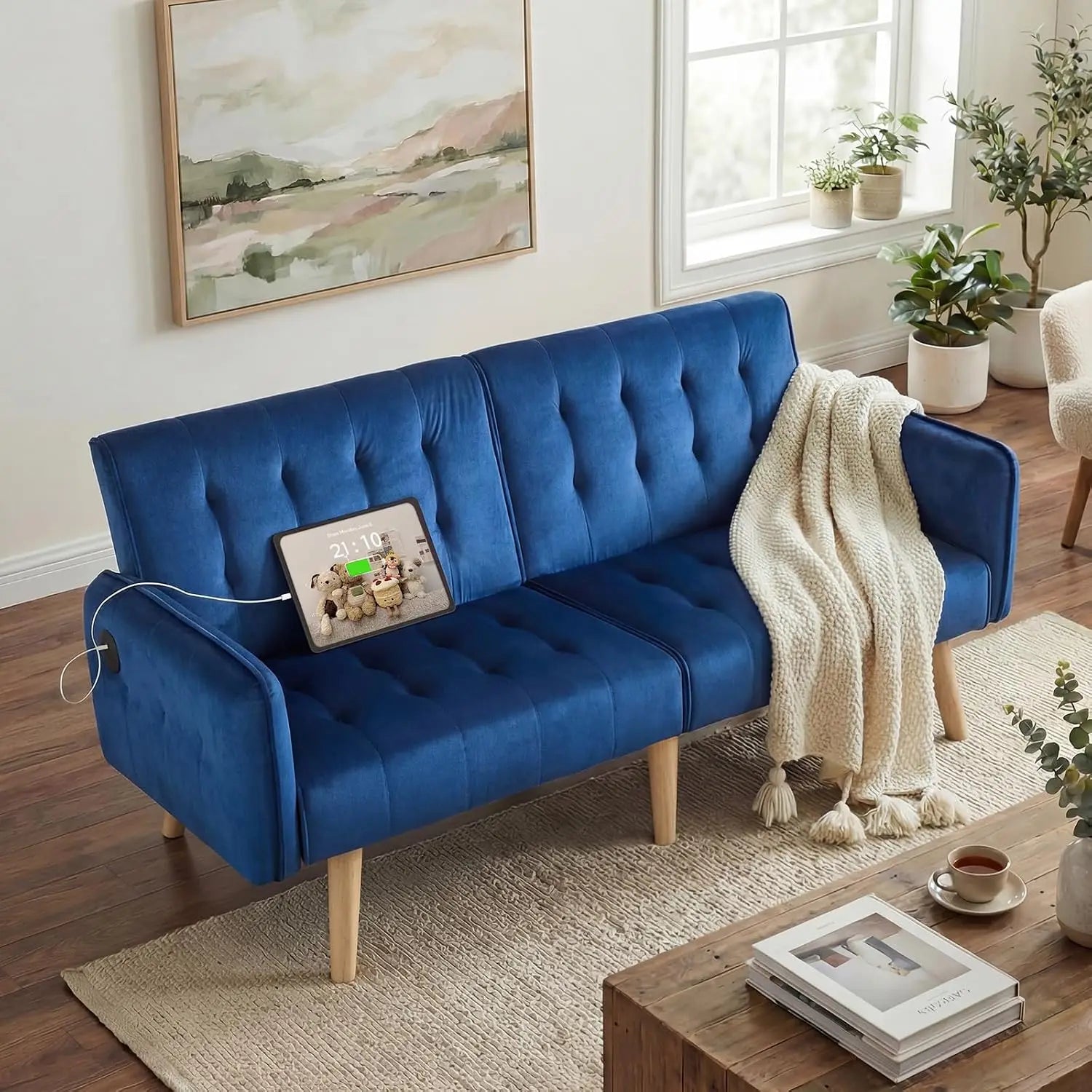 65“ Convertible Futon Sofa Bed w/ 2 USB, Upholstered Tufted Small Adjustable Folding Couch Loveseat, Modern Mid Century, Custom