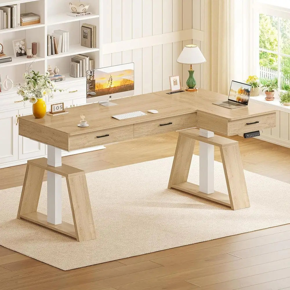 Summit Elevate 59" L-Shaped Electric Standing Desk with Drawers & Power Station