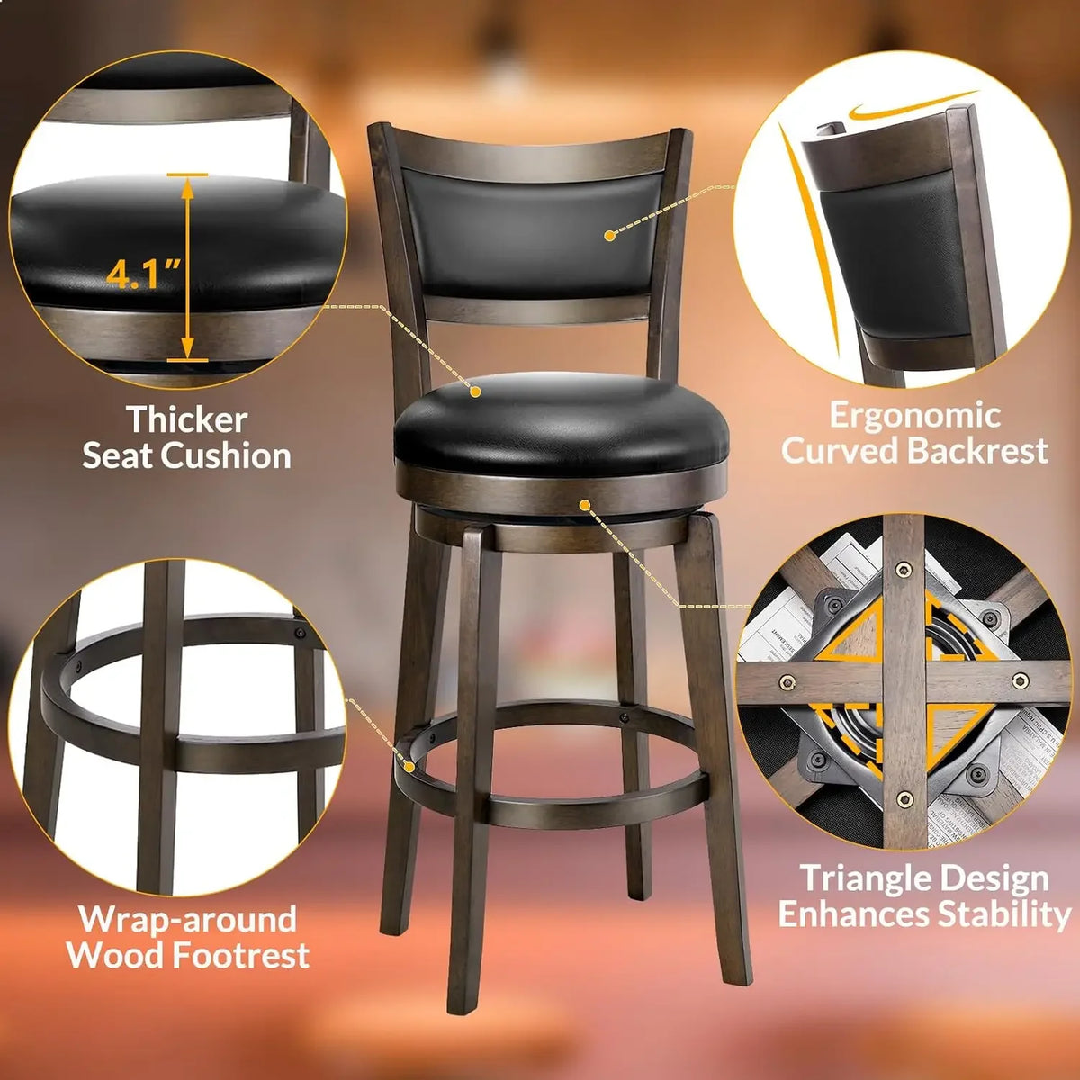 Swivel Bar Stools Set of 2, 26 Inch Counter Height Barstools | Black Faux Leather, High Backrest, Solid Rubberwood Frame
