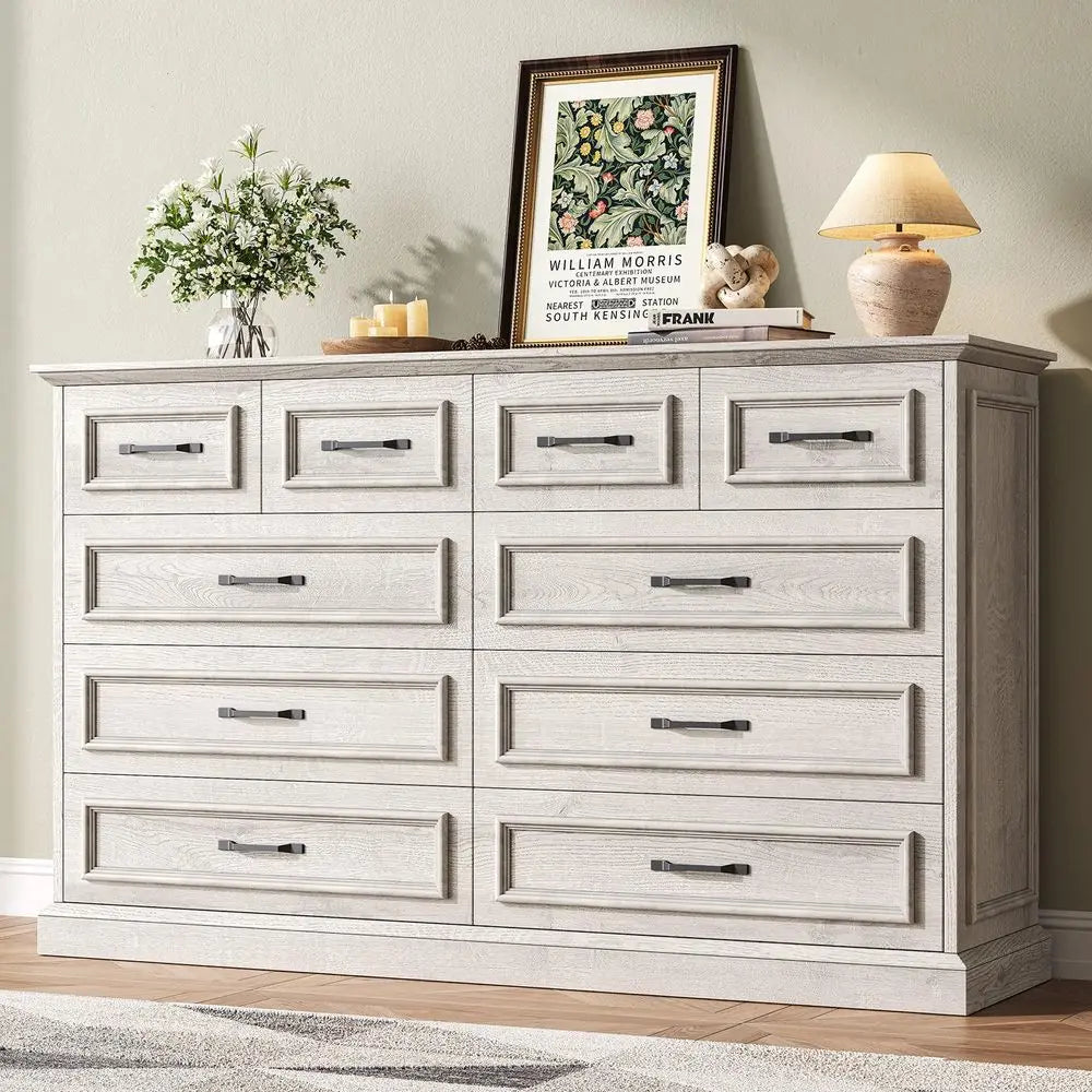 Rustic 10-Drawer Wood Dresser with Metal Handles – 55 Inch