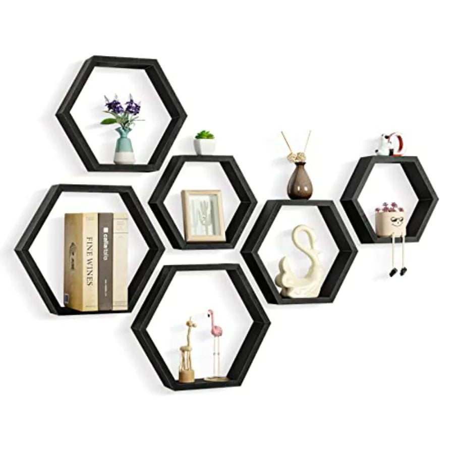 Heritage Hexagon Floating Wall Shelves – Set of 6 Honeycomb Shelves