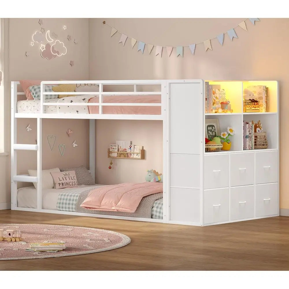 BTHST Bunk Bed Twin Over Twin with 6 Large abric Ders & 4 Wooden Storage Bookshel Organizer, Metal Low Bunk Bed or Kids with LED