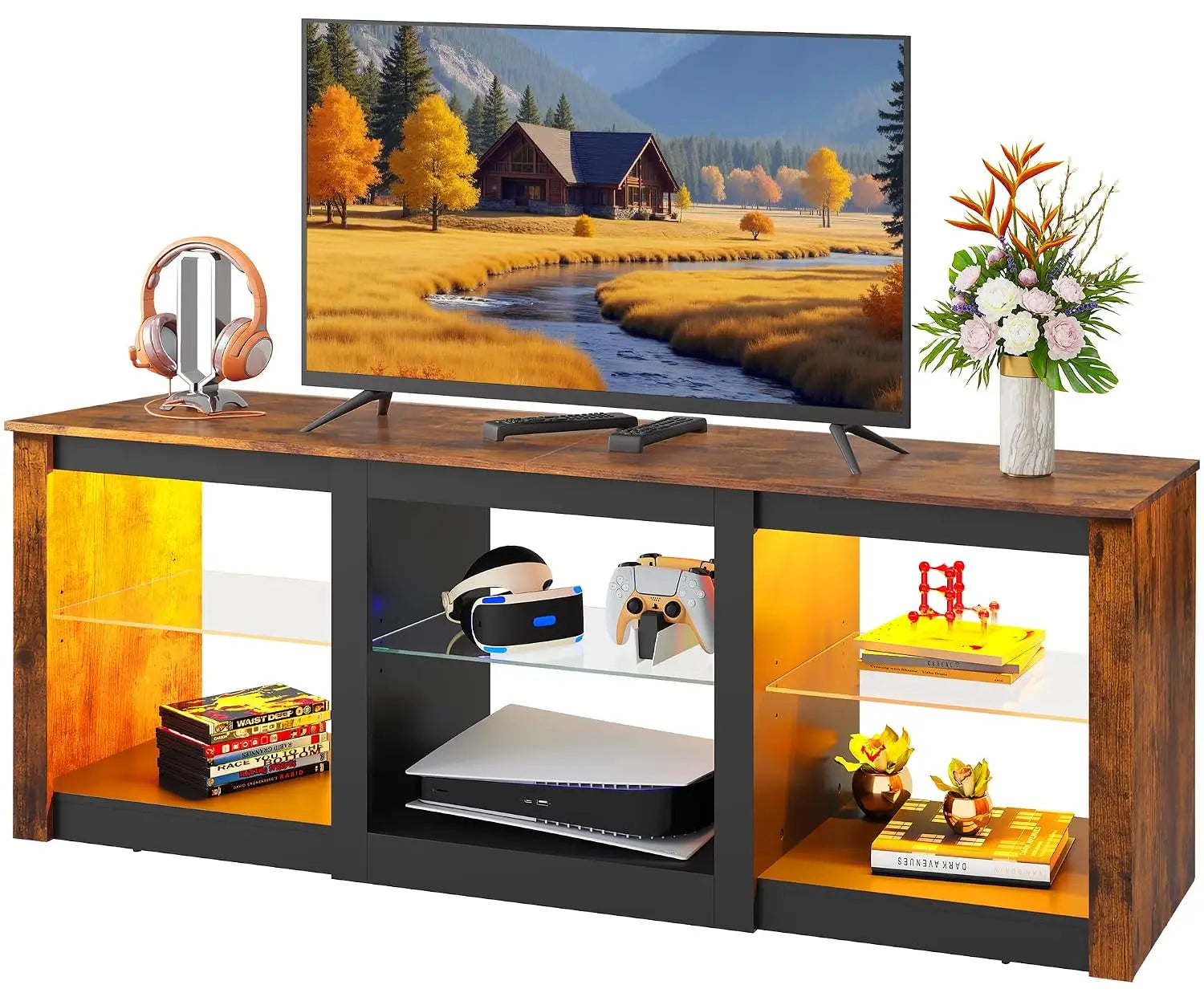 58" Wooden Modern LED TV Console With RGB Lights & Adjustable Glass Shelves Fits 65/70 Inch TV, Custom