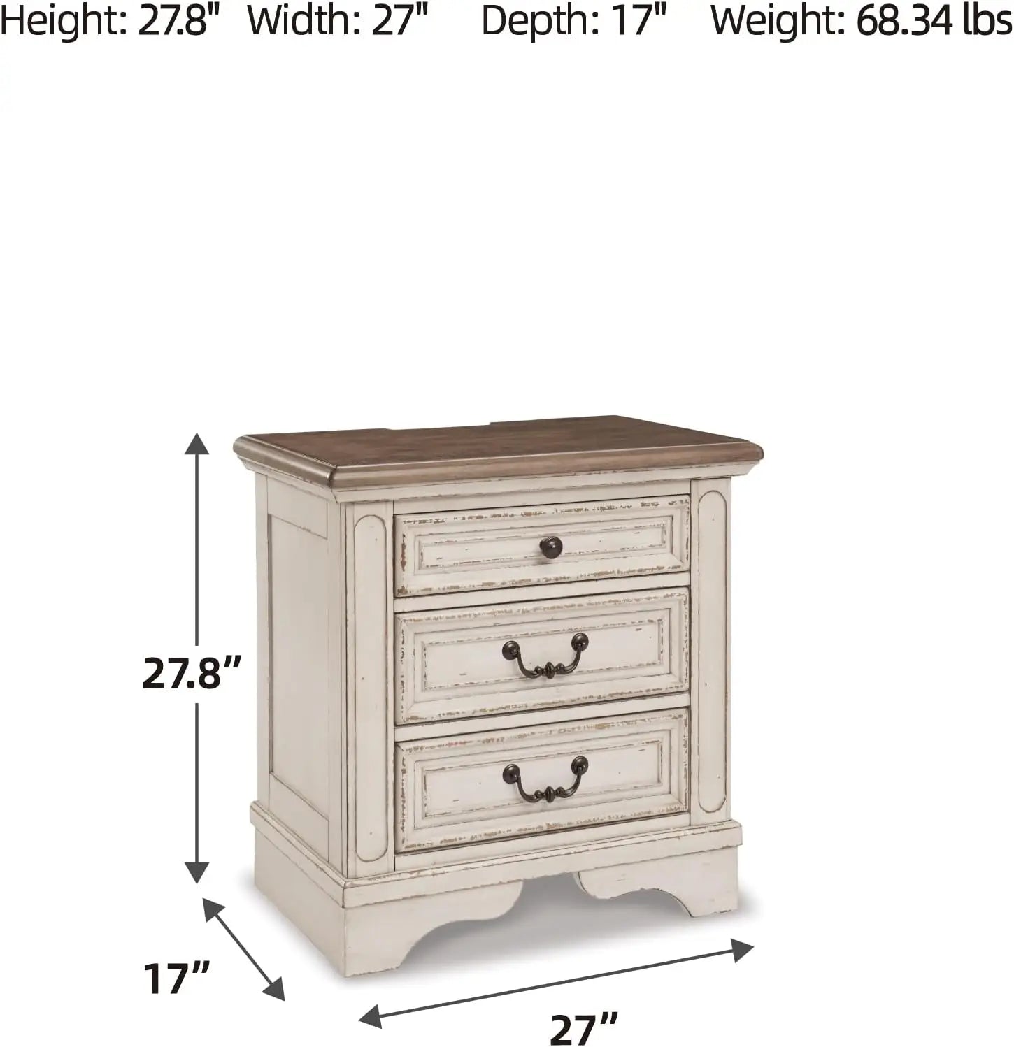 Realyn French Country 3-Drawer Nightstand with Charging Station