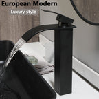 Obsidian Spa Stone Resin Vessel Sink with Waterfall Faucet Set