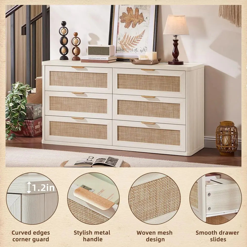 Boho Rattan 6-Drawer Dresser & TV Stand Organizer – 54 Inch
