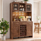 Gray Oak Wine & Coffee Bar Cabinet with LED Lighting, Charging Station, 24-Bottle Wine Rack & Glass Storage