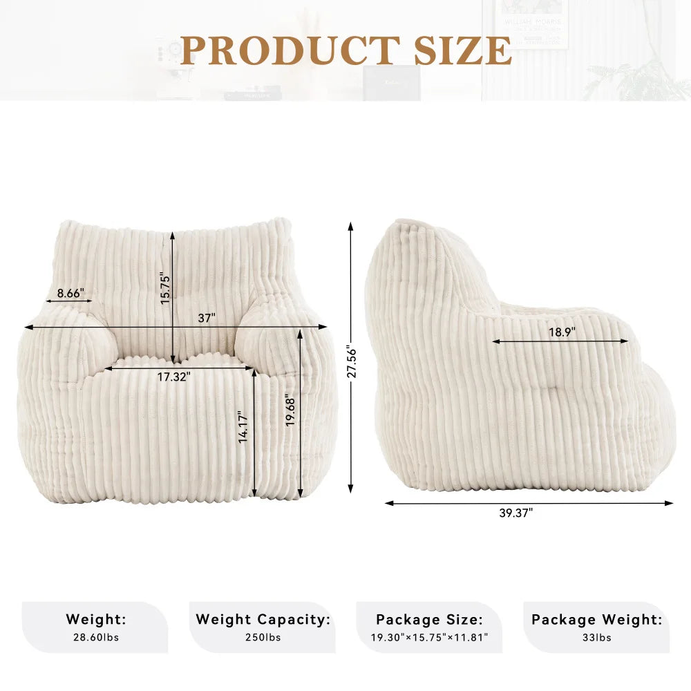 Soft and fluffy corduroy memory foam beanbag chair; comfortable velvet single-seater sofa for adults—ideal for home relaxation and gaming.