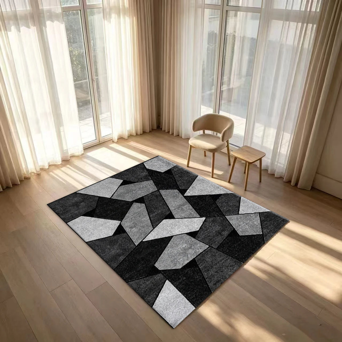 Modern Abstract Geometric Area Rug Black Grey Splicing Block Carpet for Living Room Bedroom Home Decor Floor Mat