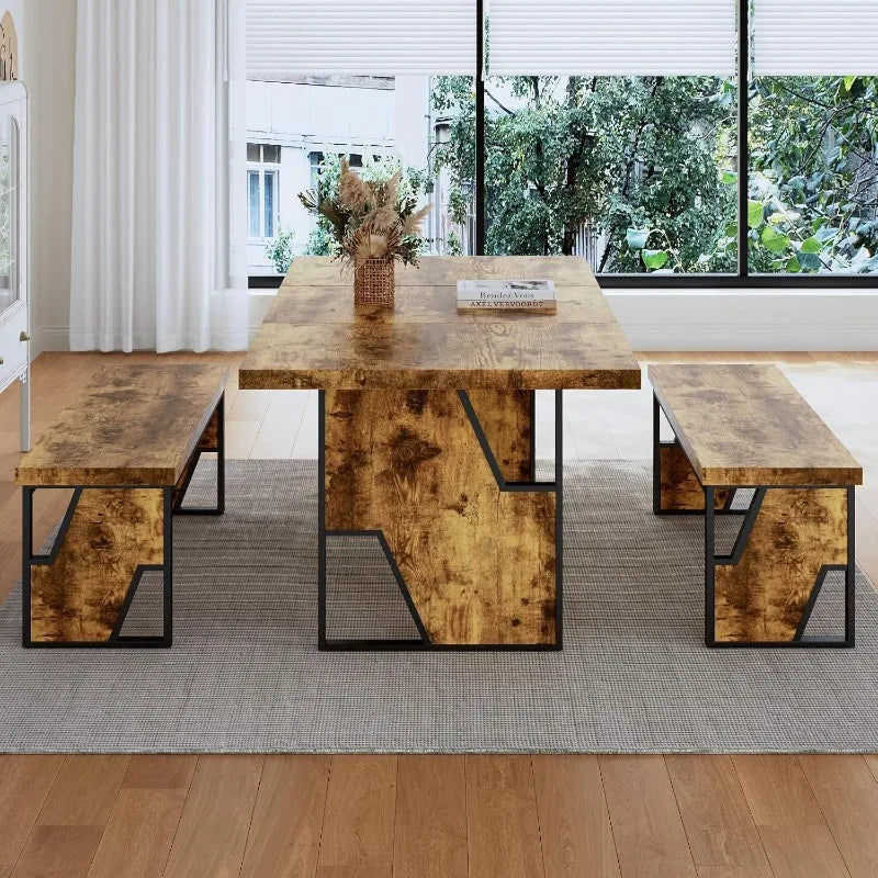 Heritage Farmhouse Dining Table Set with Benches – Seats 4 to 6