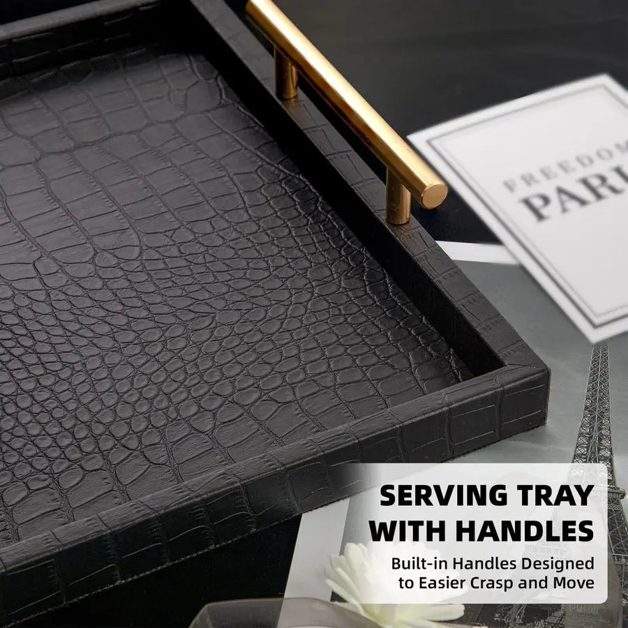 Noir Luxe Decorative Serving Tray Set with Gold Handles – 2 Piece
