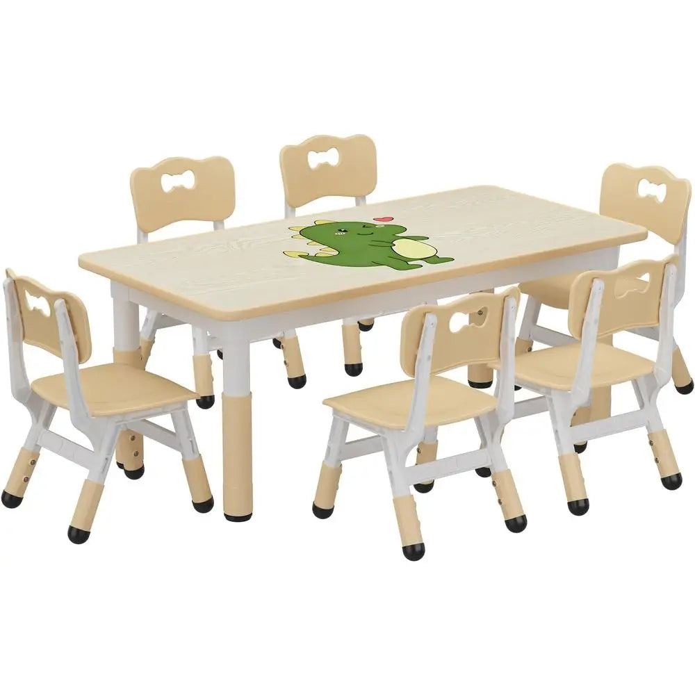 Kids Table And 6 Chairs Set Height Adjustable Toddler Table Ages 2-10 Graiti Desktop Non-Slip Legs for Children