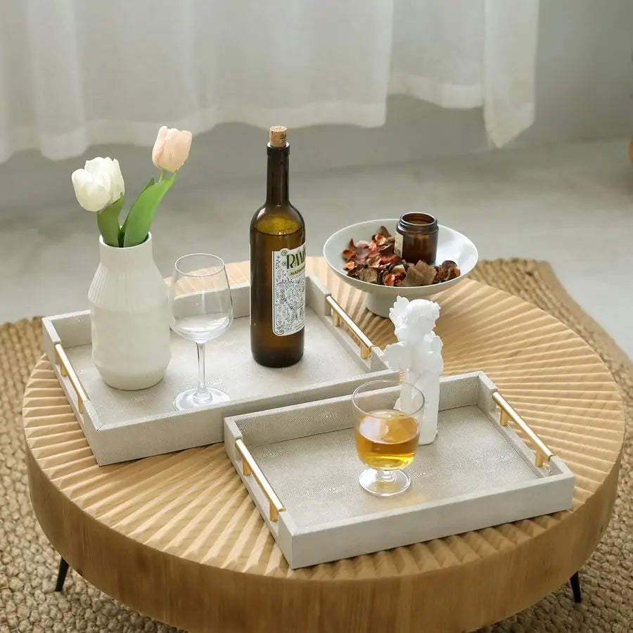 Ivory Luxe Shagreen Decorative Serving Tray Set with Gold Handles – 2 Piece