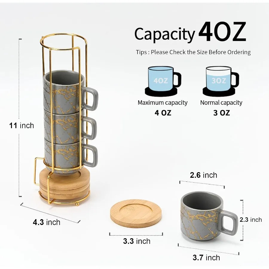 Bella Casa Stackable Espresso Cup Set with Metal Stand