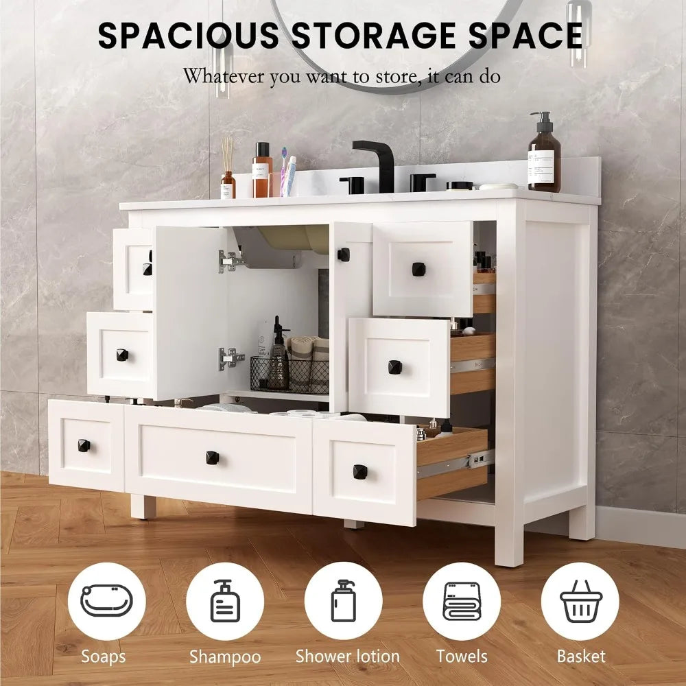 48" Bathroom Vanity with Sink, Freestanding Storage Cabinet, Engineered Stone Top