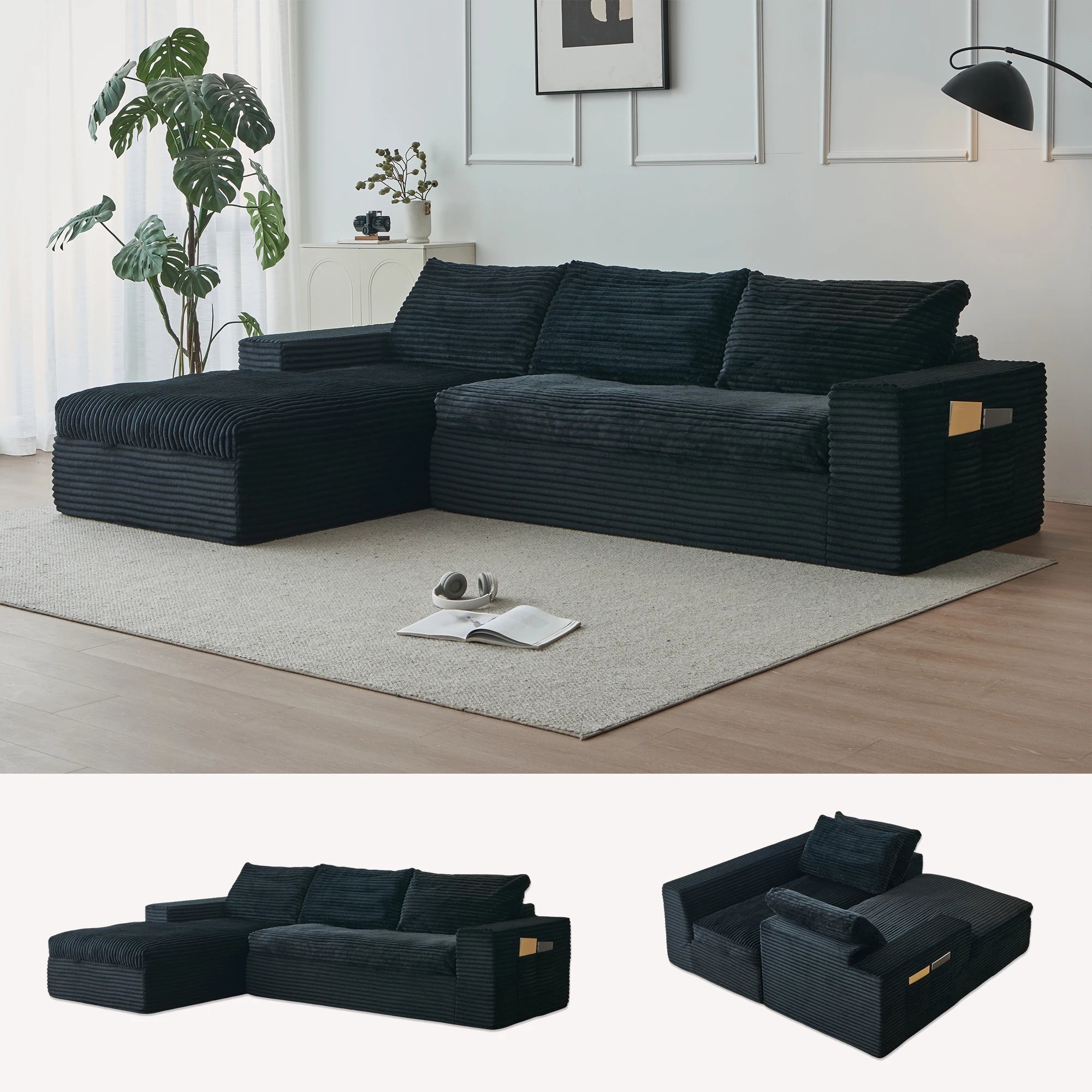 104" Modular Sectional Couch with Chaise, Cloud Couch Deep Seat Fluffy Corduroy Sofa Memory Foam Boneless Couches for Living Roo