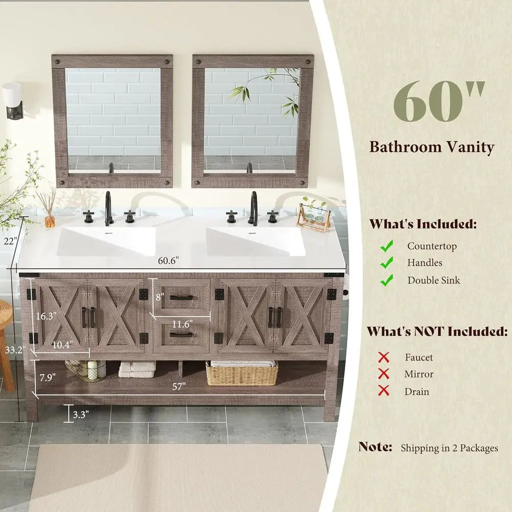 Heritage Farmhouse 60" Double Sink Bathroom Vanity with Barn Doors