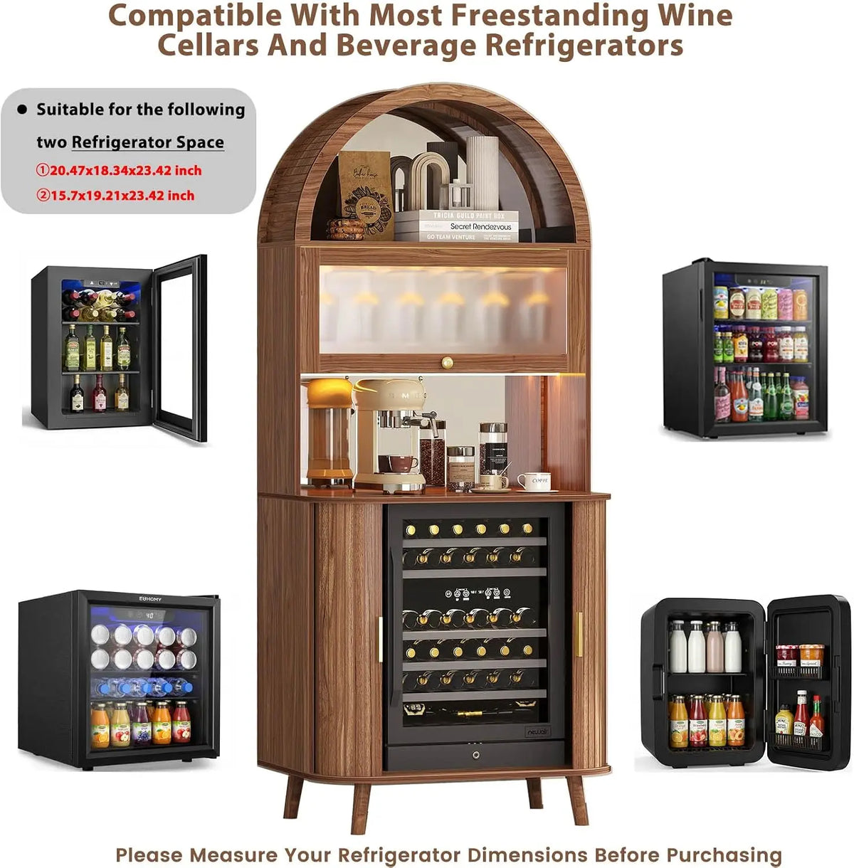 73" Arched Walnut Bar Cabinet with Fridge Space & LED Lighting