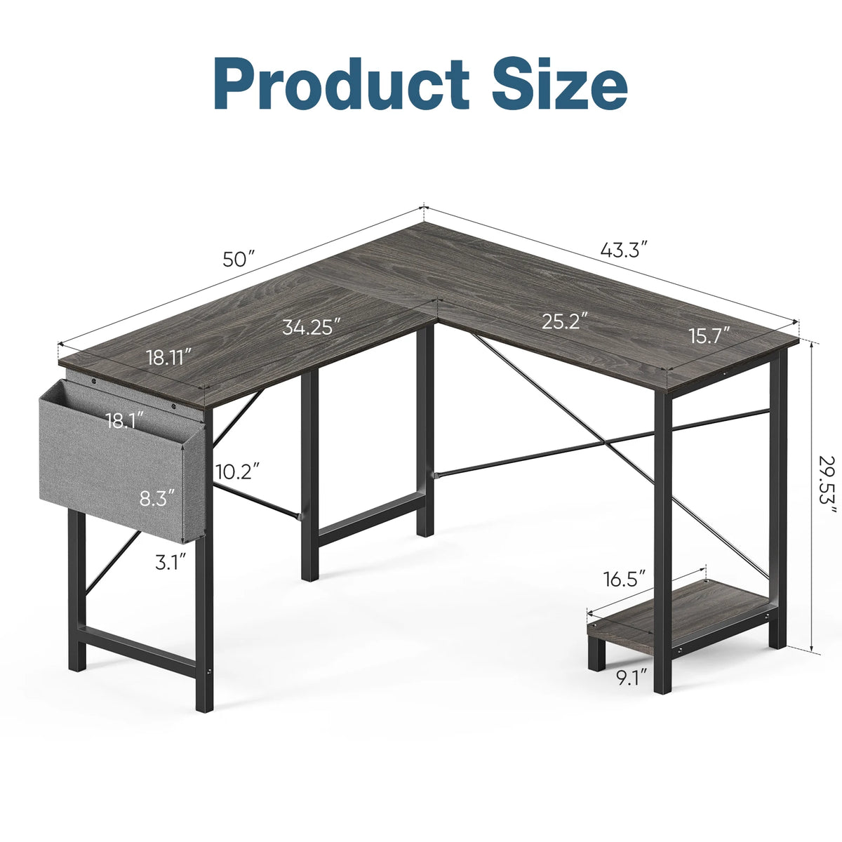 L-Shaped Corner Computer Desk with CPU Shelf & Side Storage