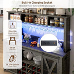 Farmhouse Coffee Bar Cabinet with Power Outlet, LED Lighting & 4-Section Storage Hutch