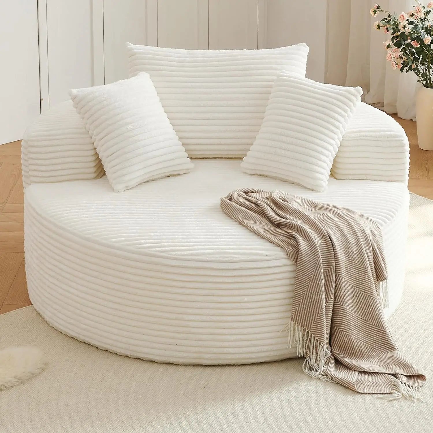 CloudNest Round Corduroy Chaise Lounge with Ottoman