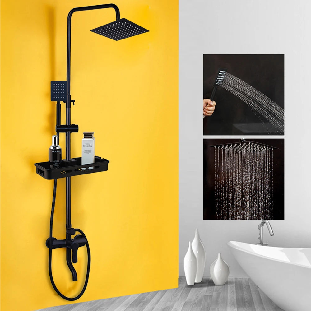 Matte Black Rainfall Shower System with Storage Shelf & Handheld Shower