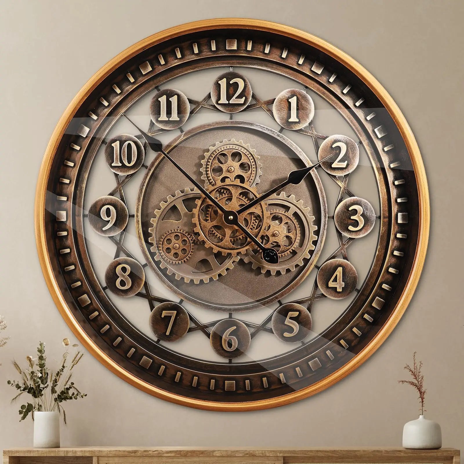 Heritage Steampunk Gear Wall Clock – 24 Inch Antique Gold
