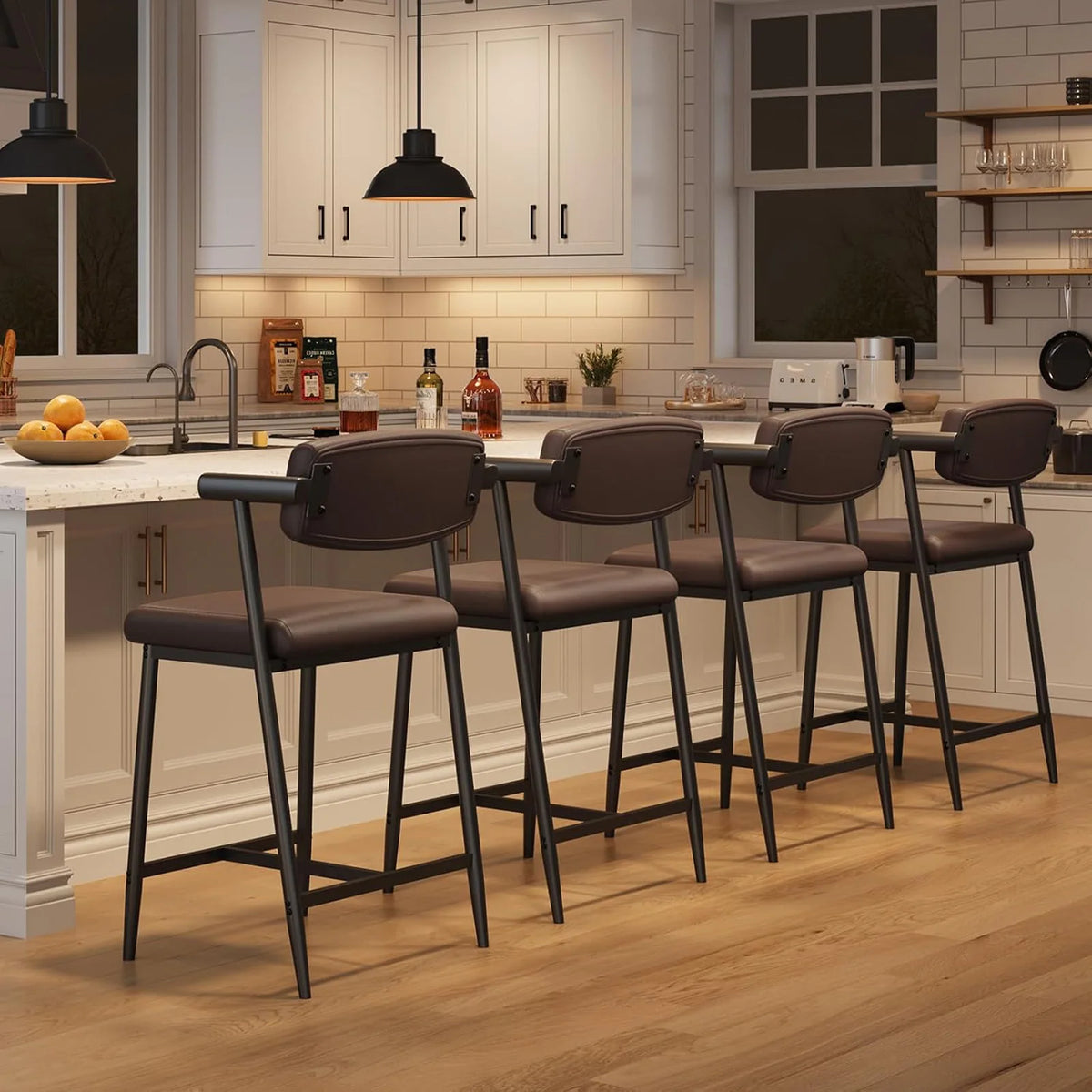 Upholstered Counter Height Bar Stools with Arms, Wide Seats & Metal Frames