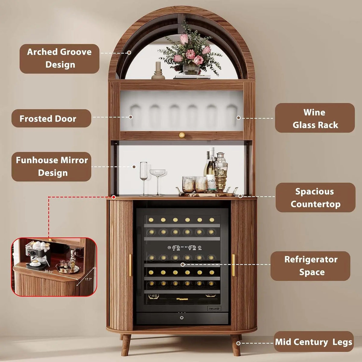 73" Arched Walnut Bar Cabinet with Fridge Space & LED Lighting