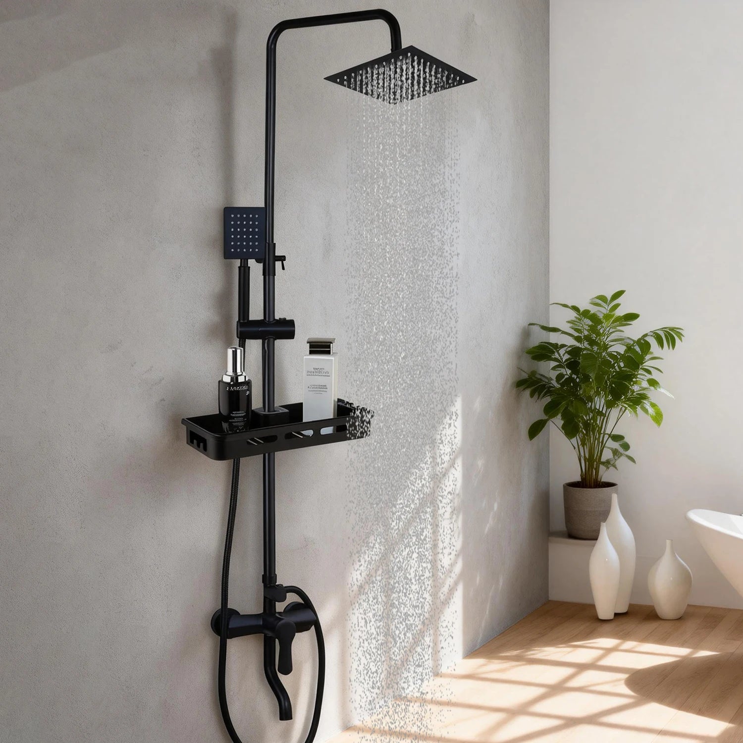 Matte Black Rainfall Shower System with Storage Shelf & Handheld Shower