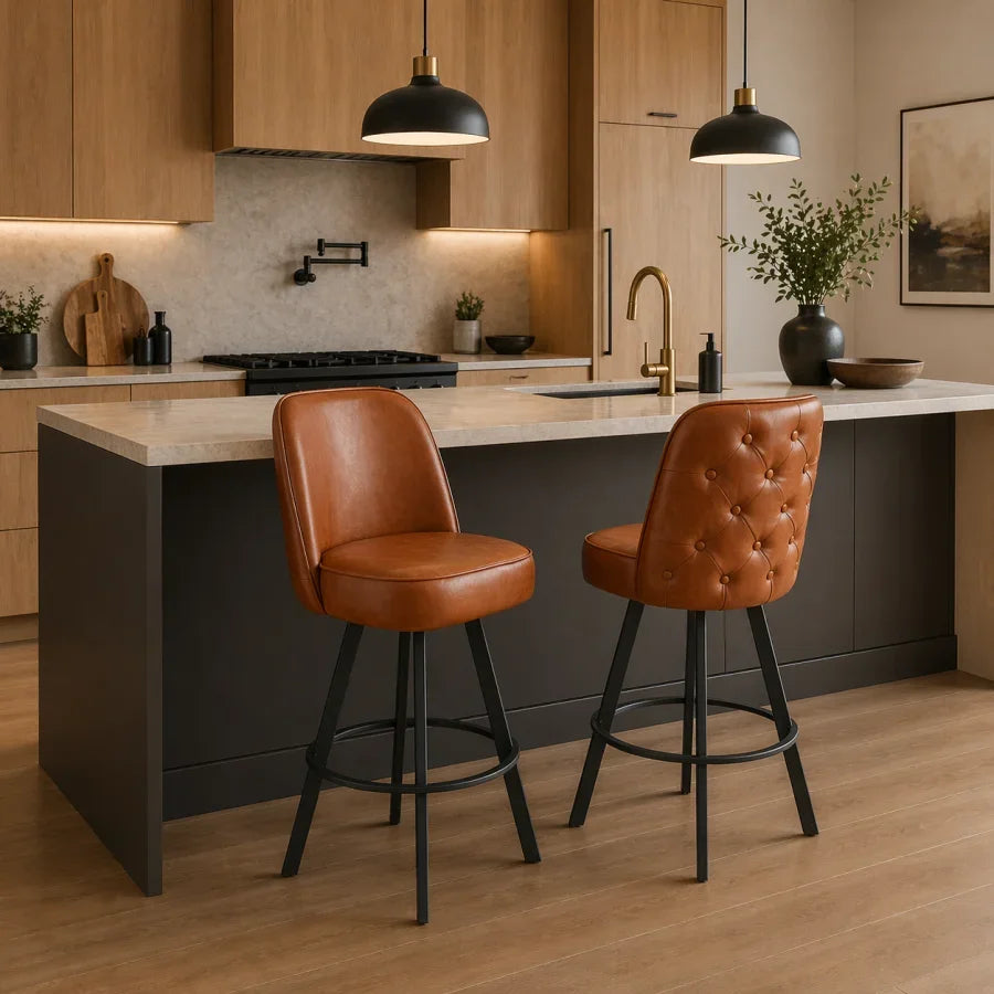Set of 2 Commercial Grade Swivel Button-Tufted Back Bar Stools with Metal Frame Counter Height Kitchen Island Chairs, Comfortab