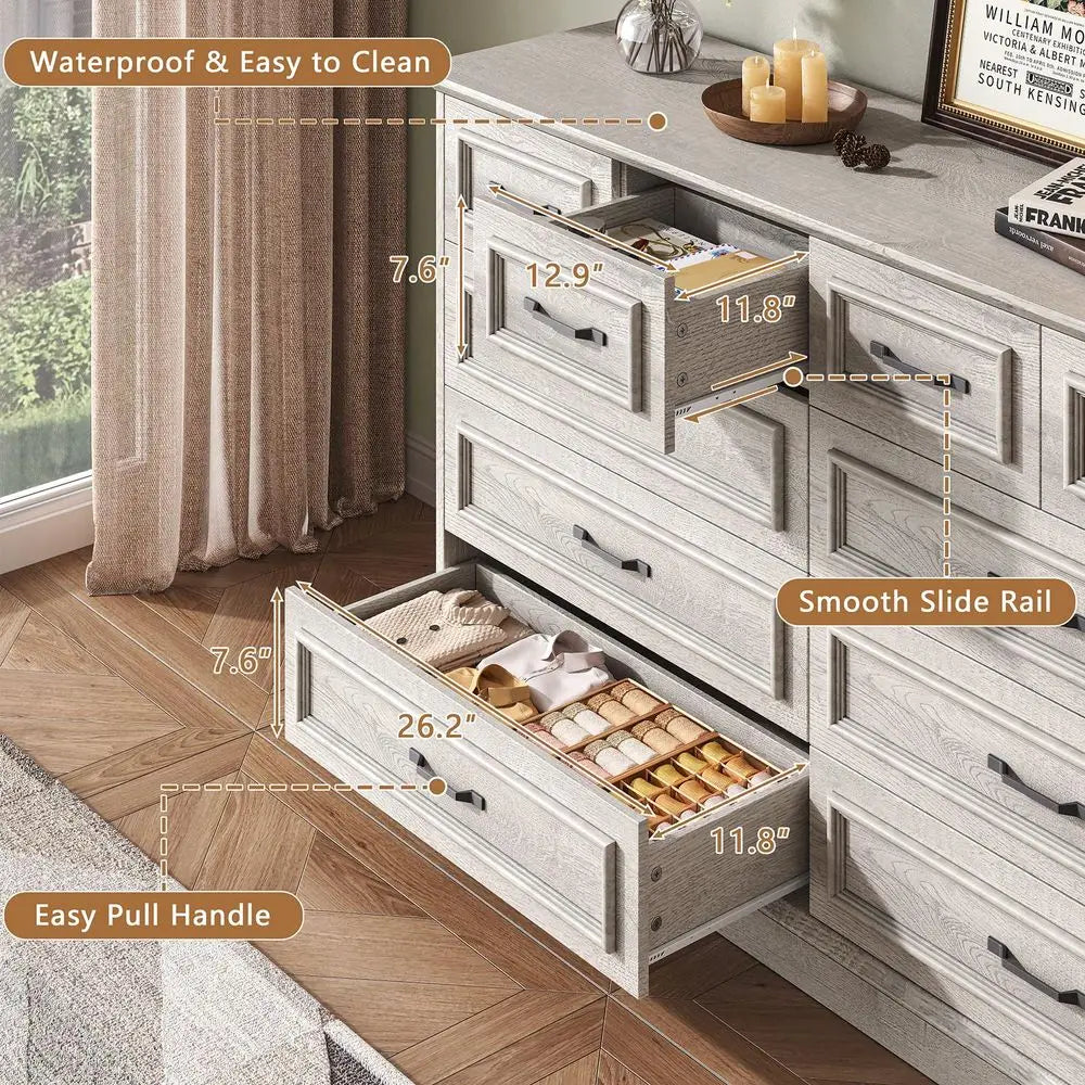 Rustic 10-Drawer Wood Dresser with Metal Handles – 55 Inch