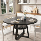 Farmhouse Round Dining Table with Open Storage Shelf & Reinforced Metal Cross Base