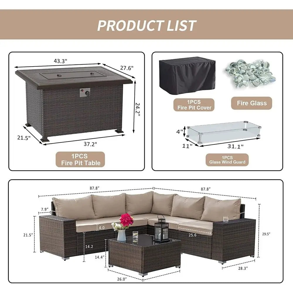Aspen Ridge 7-Piece Wicker Patio Sectional with Fire Pit Table