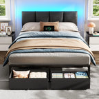 Queen Bed Frame with PU Upholstered Headboard and Charging Station | Metal Platform Bed with 2 Fabric Underbed Storage Drawers a