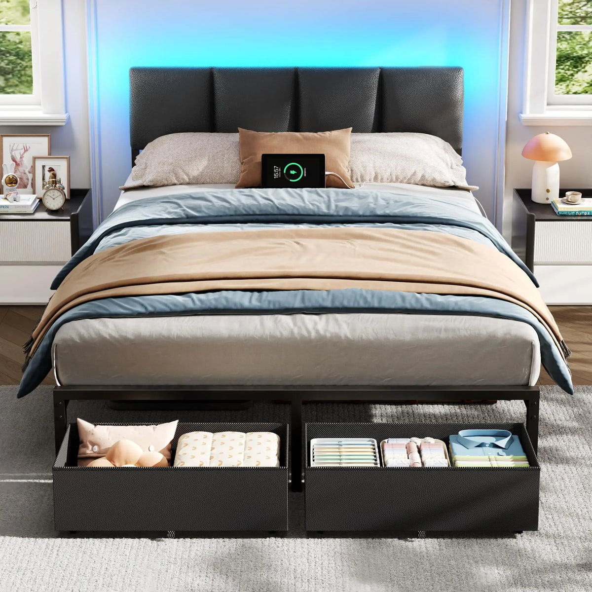 Queen Bed Frame with PU Upholstered Headboard and Charging Station | Metal Platform Bed with 2 Fabric Underbed Storage Drawers a
