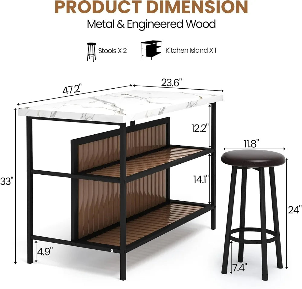 Kitchen Island Bar Table & 2 Stools Set, White Faux Marble, Storage Shelf, Space Saving, Home Bar Furniture