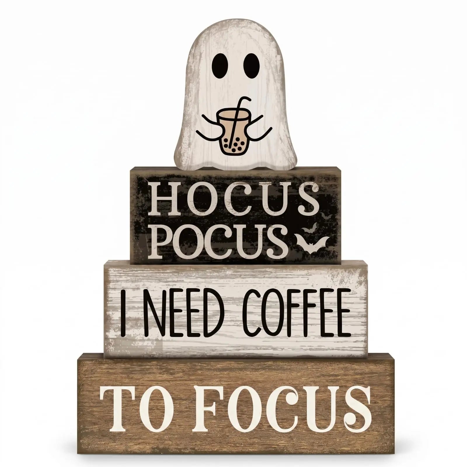 HavenHarvest 4-Piece Wooden Ghost Stack Décor Set – Farmhouse Halloween Tabletop Decorations