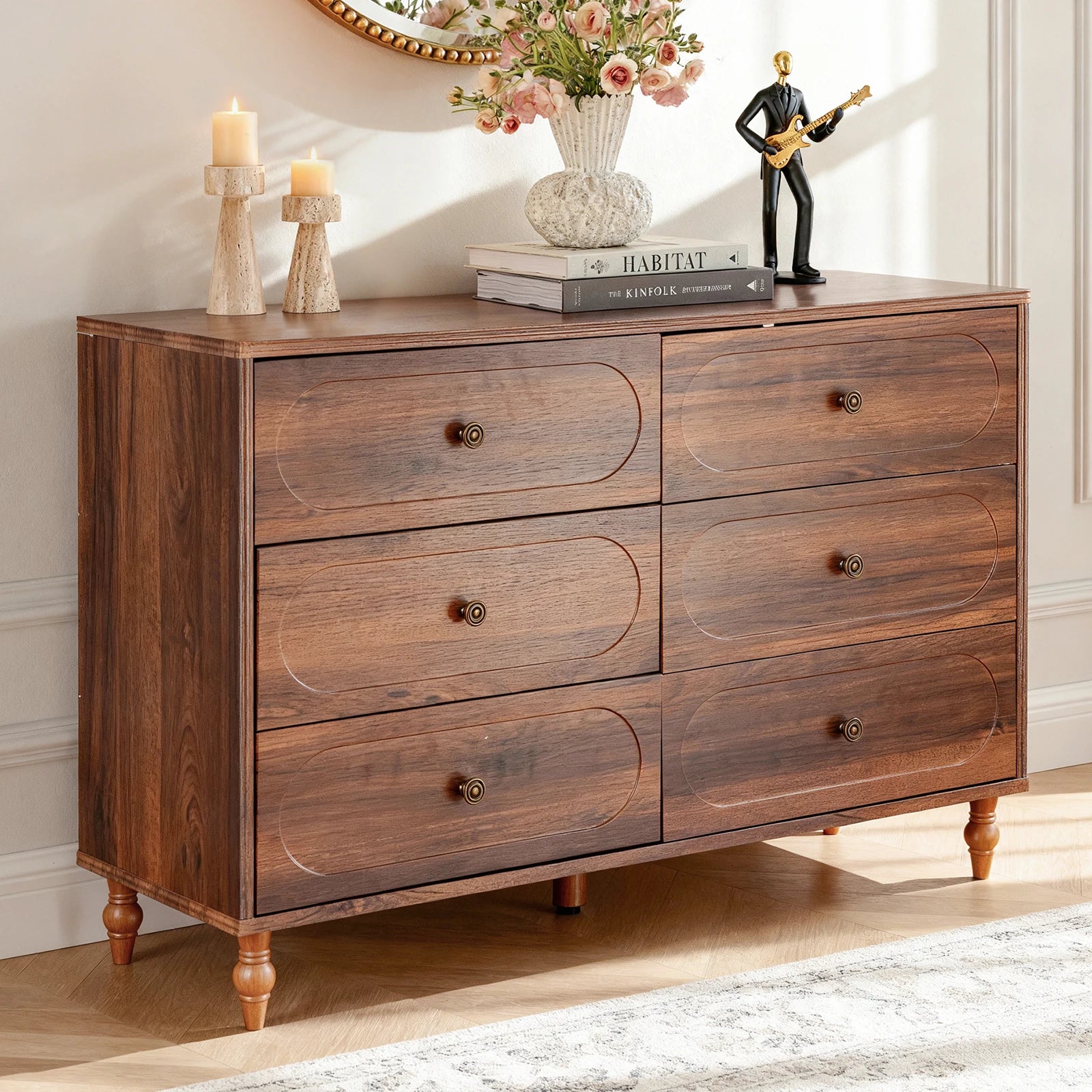 Mid-Century Walnut Wood Dresser – 6 Drawer