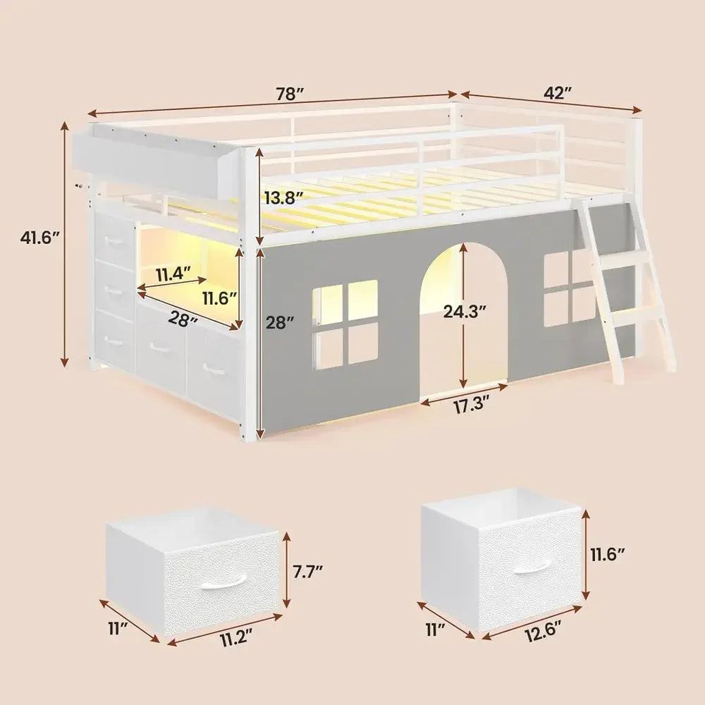 Twin Low Loft Bed with Tent, Storage & LED Lights