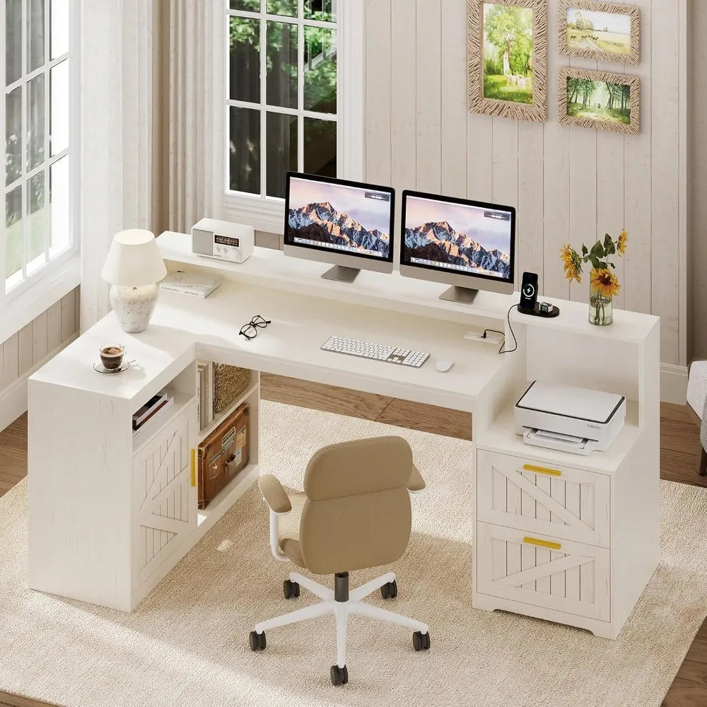 Heritage Farmhouse 62" L-Shaped Executive Desk with Storage & Power Station